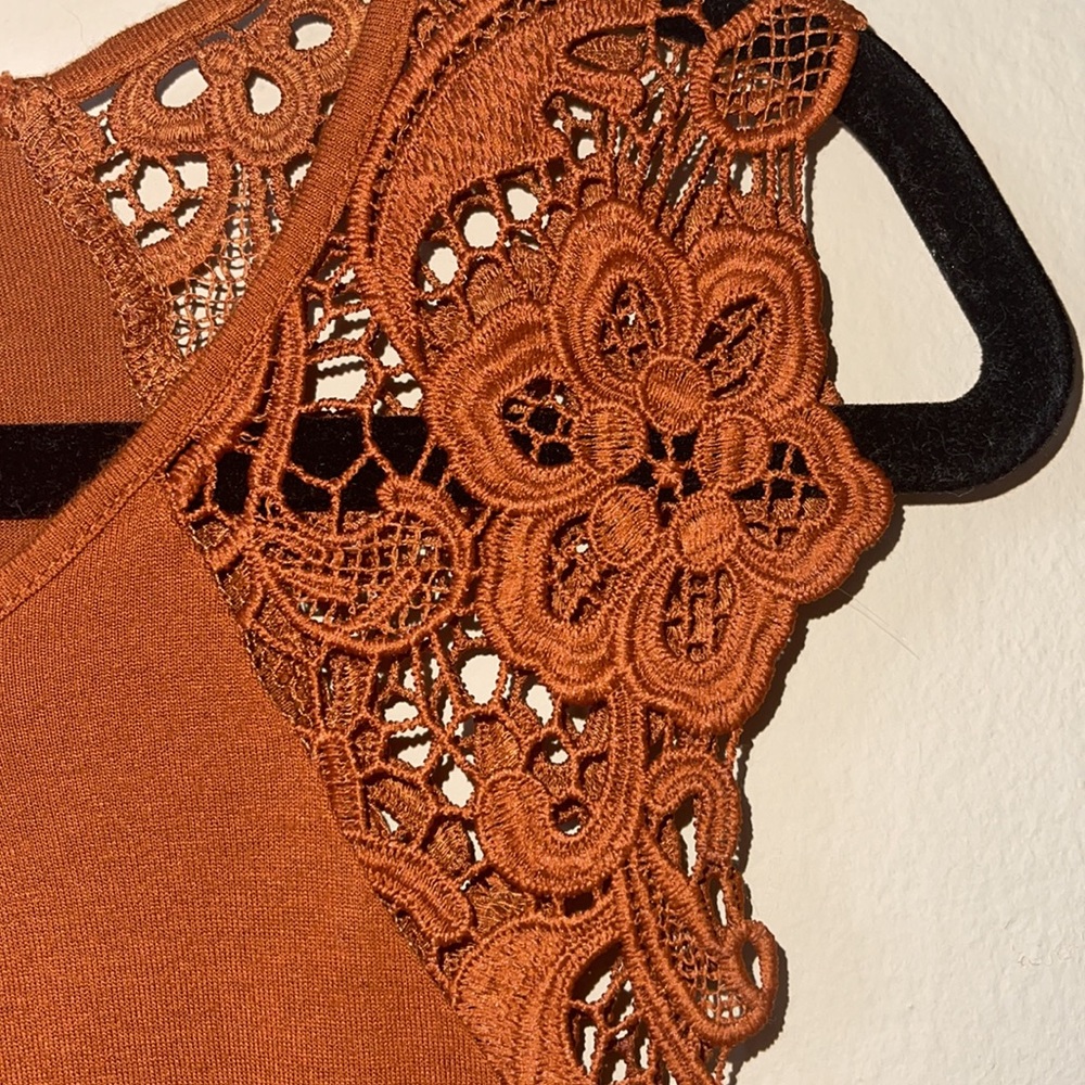 Rust Colored Blouse w/ Laced Floral Sleeves